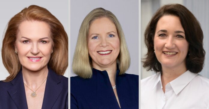 Auf Judith Hartmann (links), Veronika Bienert (Mitte) und Kerstin Sperber (rechts) warten spannende neue Aufgaben. Fotos (von links nach rechts): Bayer, Siemens, Gracher